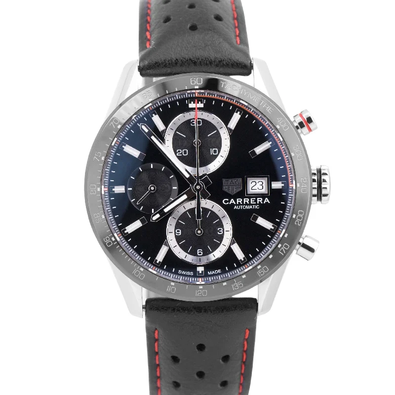 High-End Watches With Mechanical Movements-Tag Heuer Carrera Chronograph Black 41mm Leather Ceramic Date CBM2110.BA0651