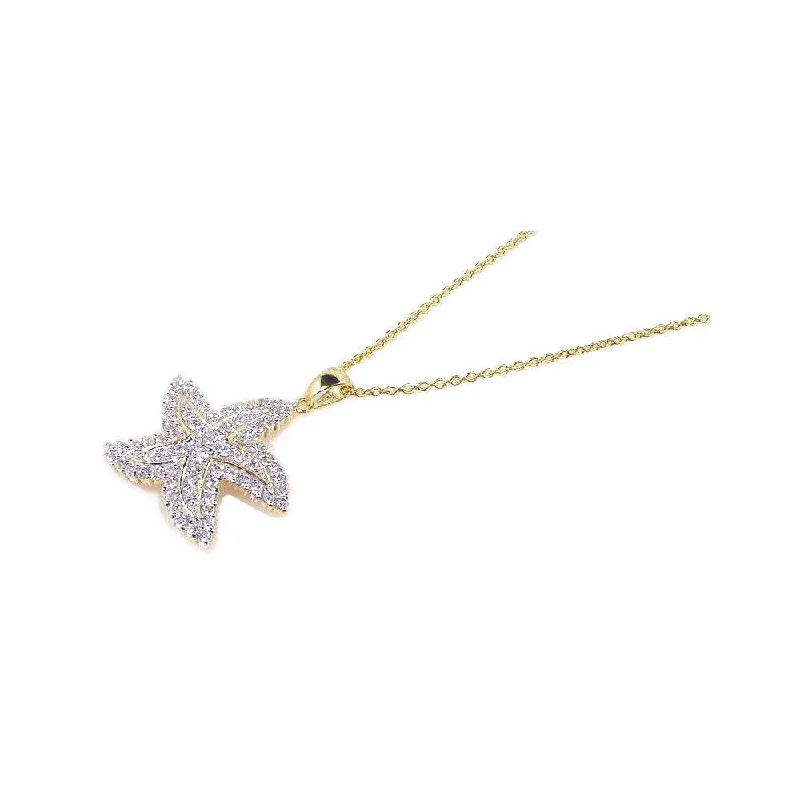 Custom Bar Necklace For Special Occasions-Silver 925 Gold Plated Clear CZ Starfish Pendant Necklace - STP00682