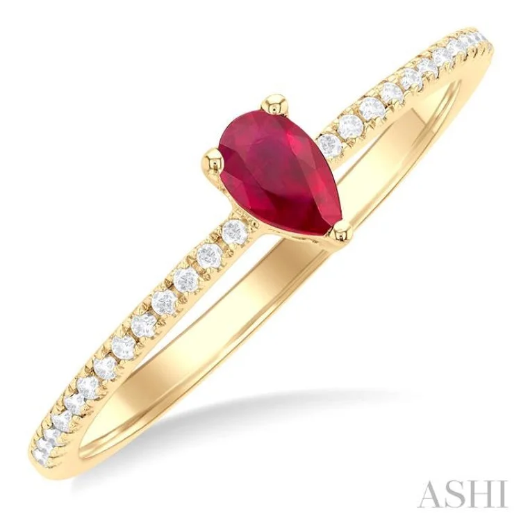 Classic Solitaire Rings For Timeless Style-1/10 ctw Petite 5X3MM Pear Cut Ruby and Round Cut Diamond Precious Fashion Ring in 10K Yellow Gold