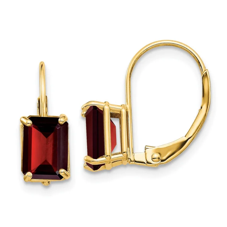 Geometric Earrings For Modern Fashion-14k 7x5mm Emerald Cut Garnet Leverback Earrings