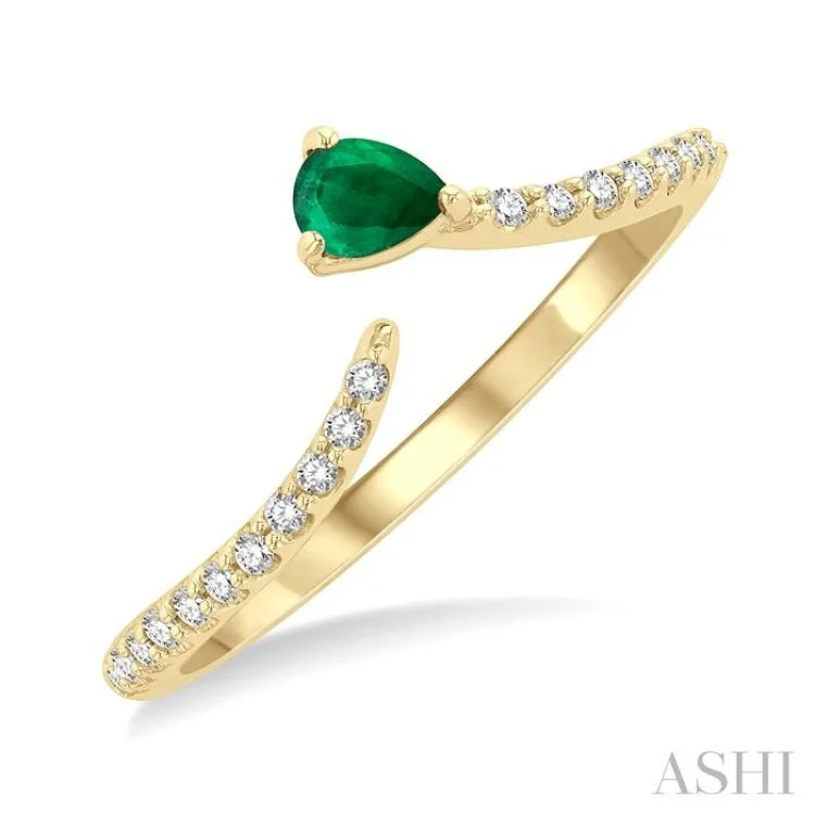 Sparkling Custom Engagement Rings For Grooms-1/10 ctw Petite 4X3MM Pear Cut Emerald and Round Cut Diamond Precious Fashion Ring in 10K Yellow Gold