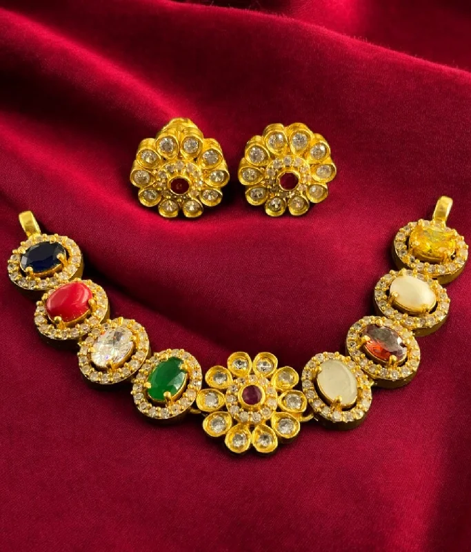 Vintage Gold Necklace For Special Occasions-The Victorian Silver Choker Necklace & Earrings (Bright Silver/Navratna)