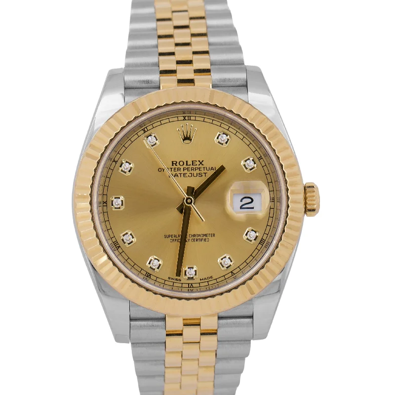 Men’s Watches With Tachymeter Features-Rolex DateJust 41 CHAMPAGNE DIAMOND 18K Gold Steel 41mm JUBILEE Fluted 126333