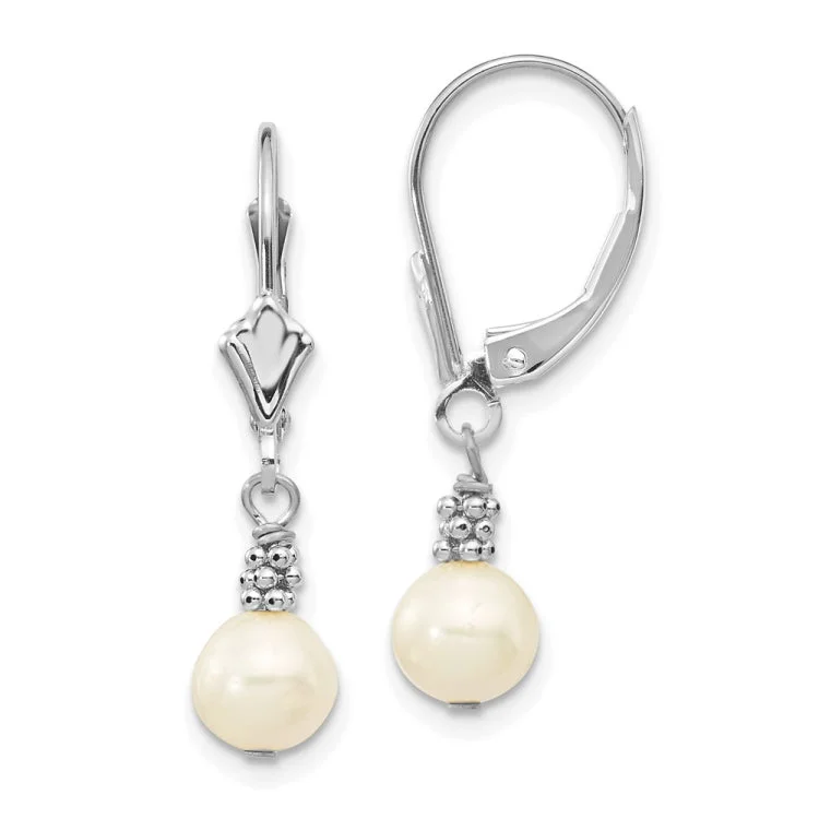 Minimalist Gold Earrings For Daily Wear-14k White Gold 5-6mm White Semi-round Freshwater Cultured Pearl Dangle Leverback Earrings