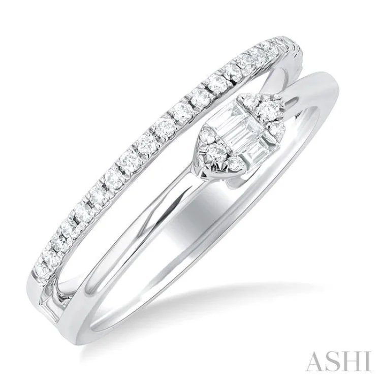 Unique Wedding Rings For Romantic Brides-1/4 ctw Marquise shape Twin Band Baguette and Round Cut Diamond Fusion Fashion Ring in 10K White Gold