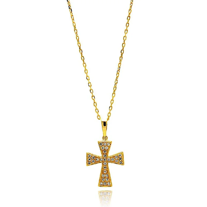 Elegant Pearl Necklace For Wedding Day-Silver 925 Gold Plated Cross CZ Inlay Dangling Necklace - BGP00650