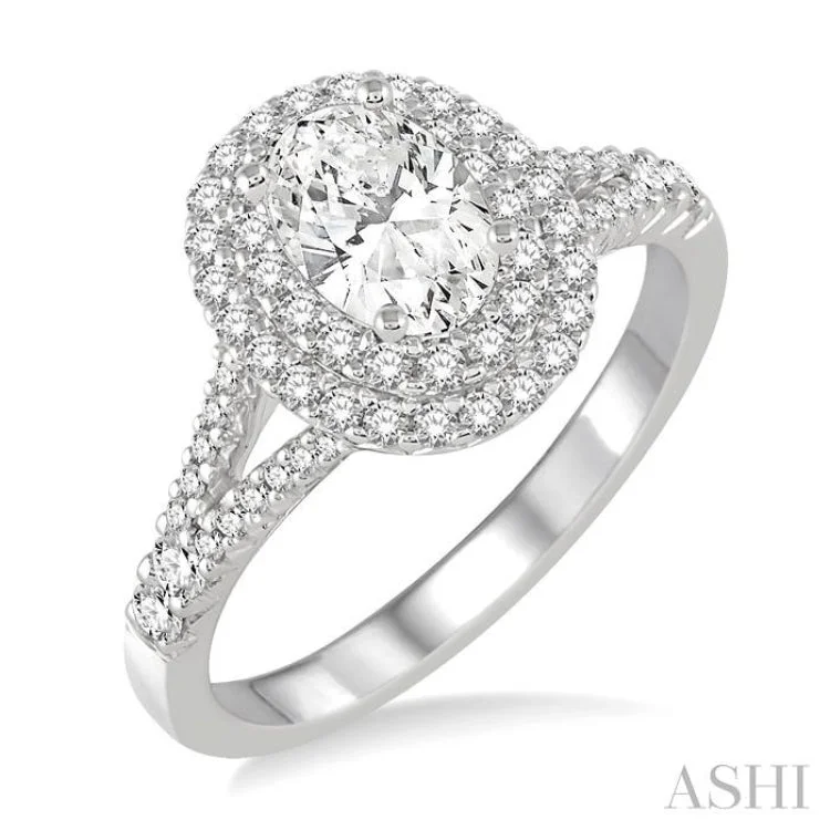 Unique Wedding Rings For Romantic Brides-1 Ctw Diamond Engagement Ring with 1/2 Ct Oval Cut Center Stone in 14K White Gold