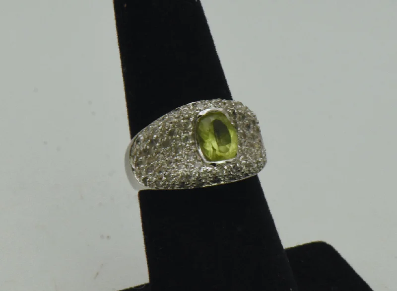 Personalized Promise Rings For Special Moments-Vintage Sterling Silver Peridot and Rhinestones Saddle Ring - Size 6