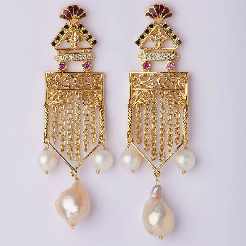 Simple Pearl Stud Earrings For Elegant Wear-Intricate Trio AD Stone Pearl Jhumka