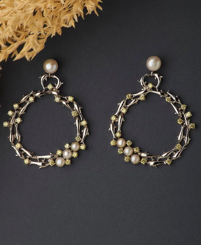 Chic Crystal Earrings For Night Out-Impressive Rhodium Pearl Studded Hanging Earring