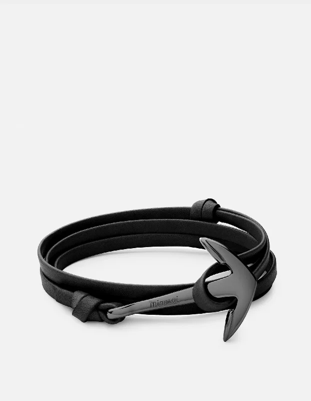 Best Women’s Bracelets For Casual Wear-Polished Black Rhodium Plated Sterling Silver Anchor Black Leather Wrap Bracelet