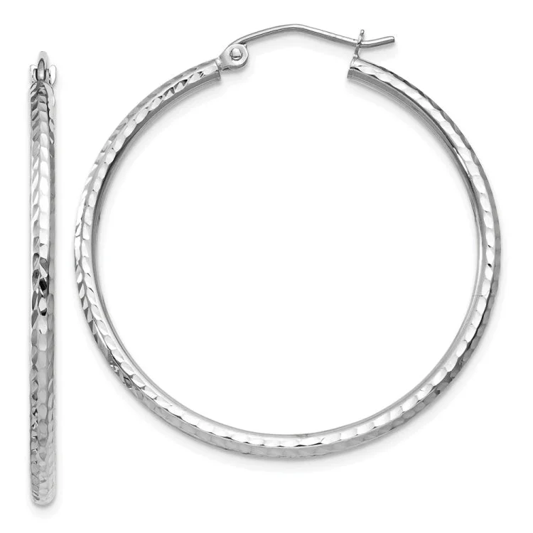 Sparkling Gemstone Earrings For Evening Wear-14k White Gold Diamond-cut 2mm Round Tube Hoop Earrings