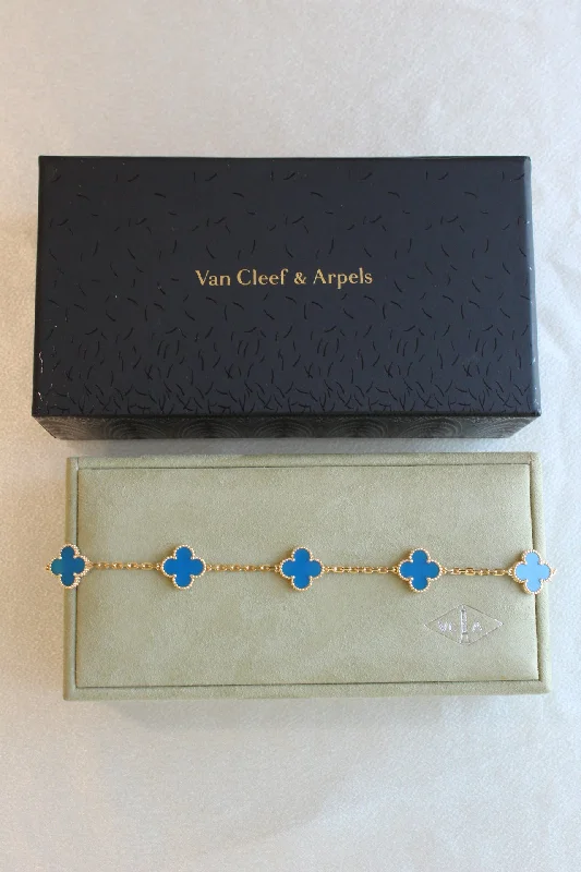 Personalized Stainless Steel Bracelets-Van Cleef Arpels VCA Alhambra Blue Agate Clover Bracelet 18k Gold 7.25" Box