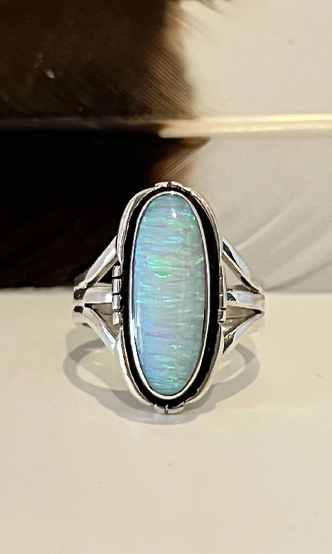 Elegant Stackable Rings For Wedding Gifts-FIERY OPAL Sterling Silver Navajo Ring • 9 1/2