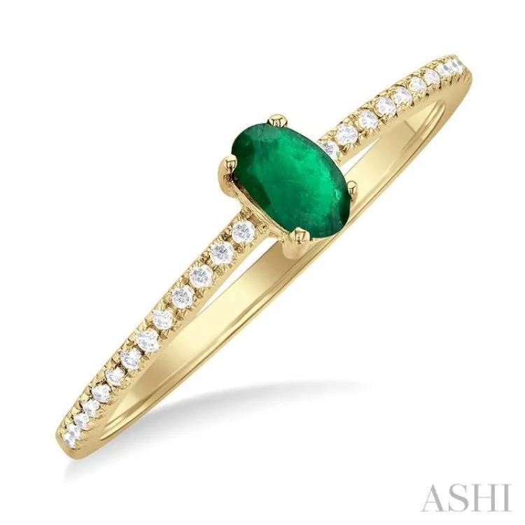 Classic Gemstone Rings For Special Moments-1/10 ctw Petite 5X3MM Oval Cut Emerald and Round Cut Diamond Precious Fashion Ring in 10K Yellow Gold